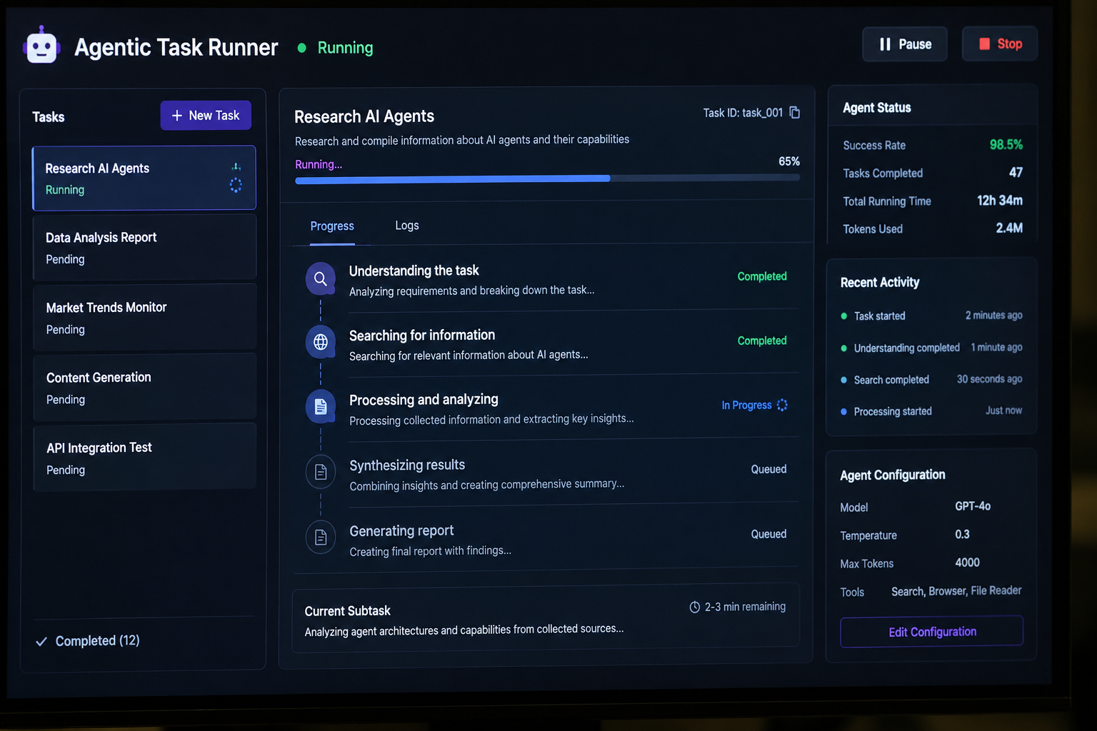 Agentic Task Runner dashboard UI