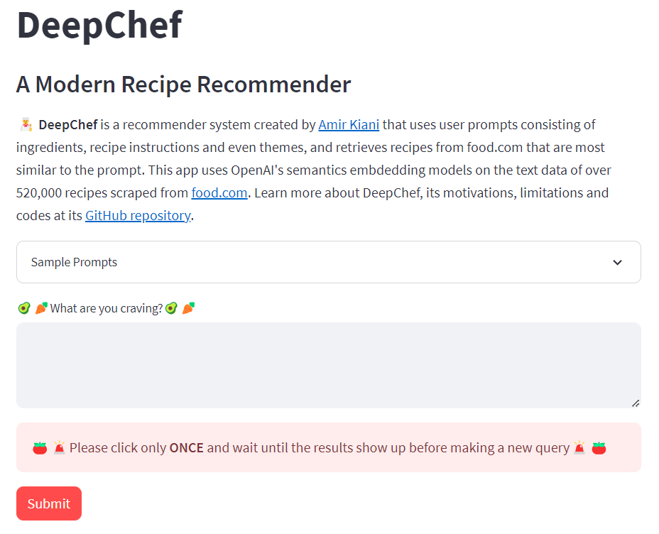 DeepChef Streamlit app interface